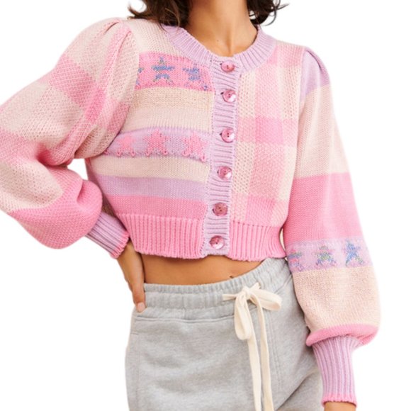 LoveShackFancy Sweaters - LoveShackFancy Bedford Crop Cardigan in Cotton Candy Balloon Sleeve Sweater